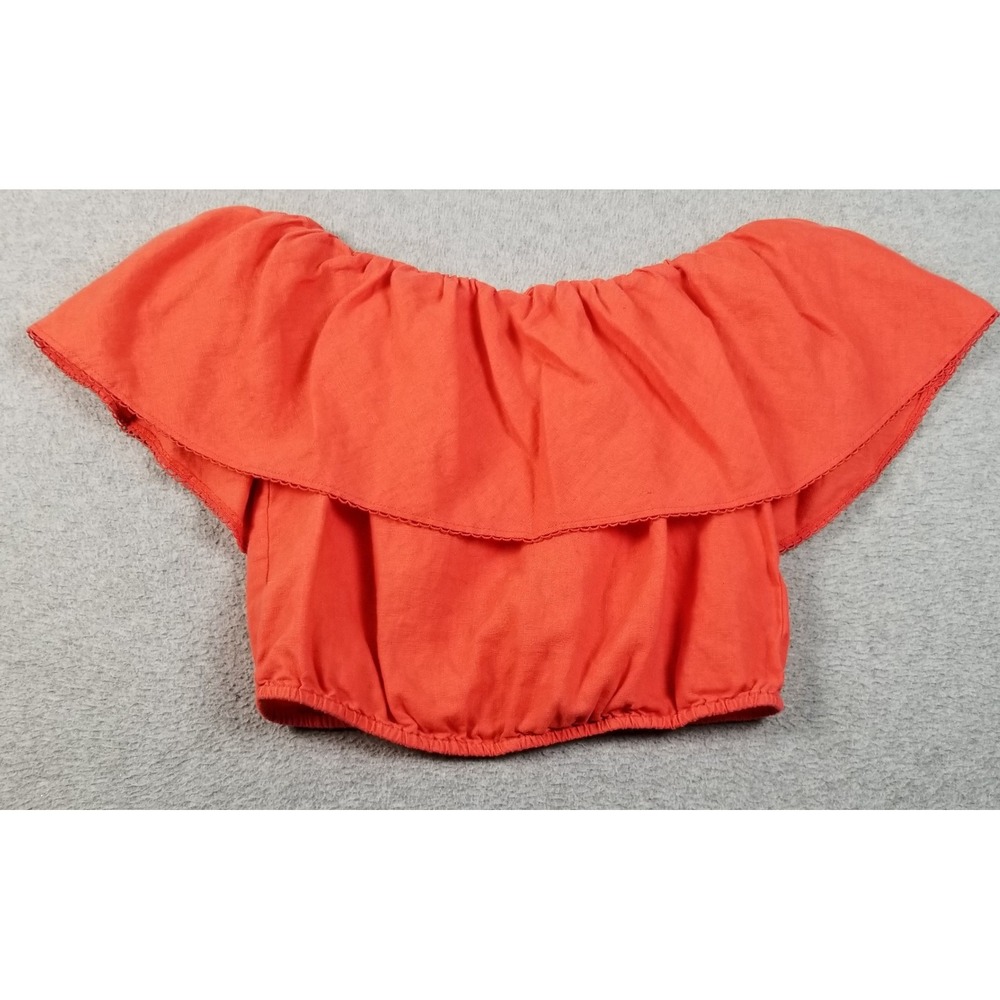 Trina Turk Out Of Office Crop Top Womens Small Orange Linen Off Shoulder Terrace